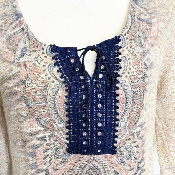 One World Live and Let Live boho Tunic Sz Medium ivory blue elbow sleeve top - Picture 4 of 10